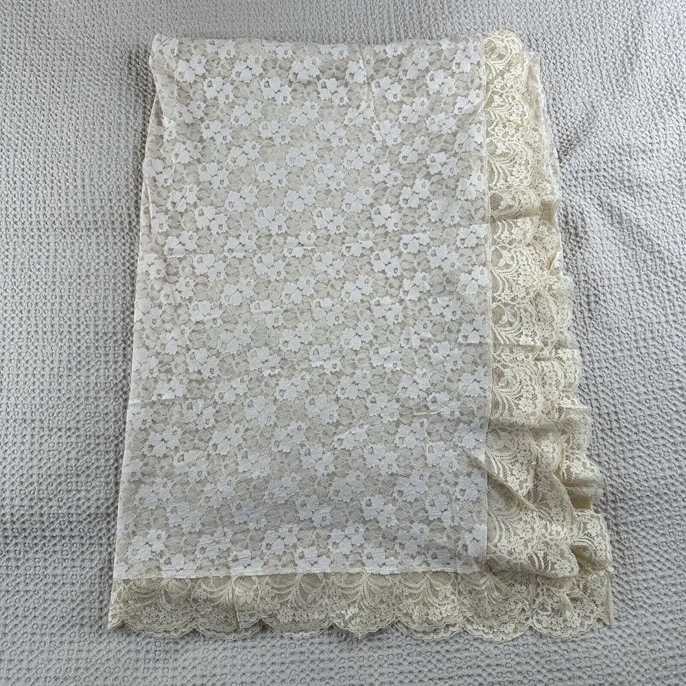Vintage Floral Lace Tablecloth 58x84 Pale Blush & Ivory Oblong Rectangle Scallop